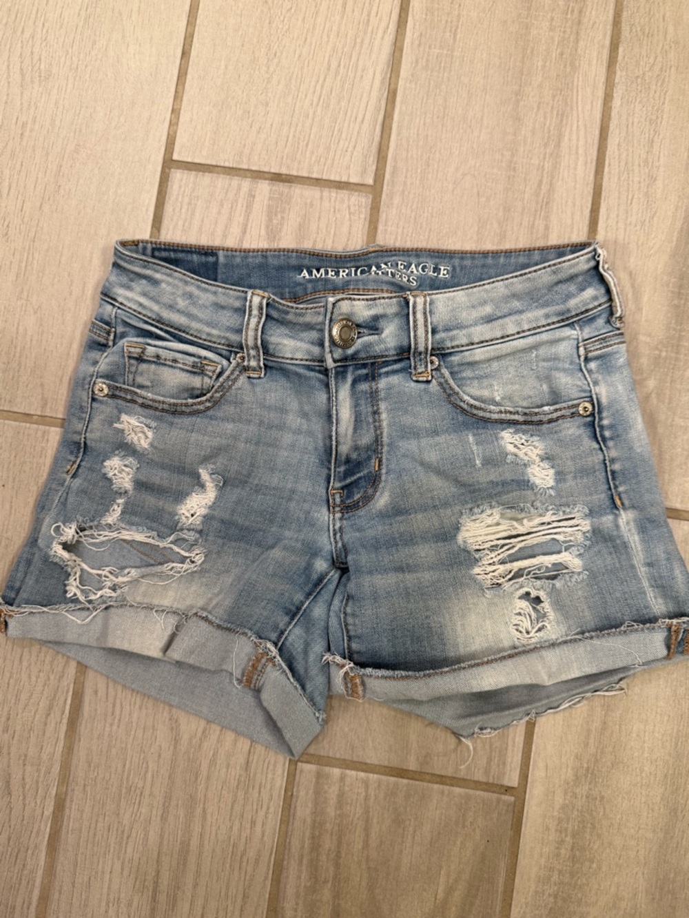 American Eagle Outfitters Light Blue Distressed Cuffed Denim Shorts